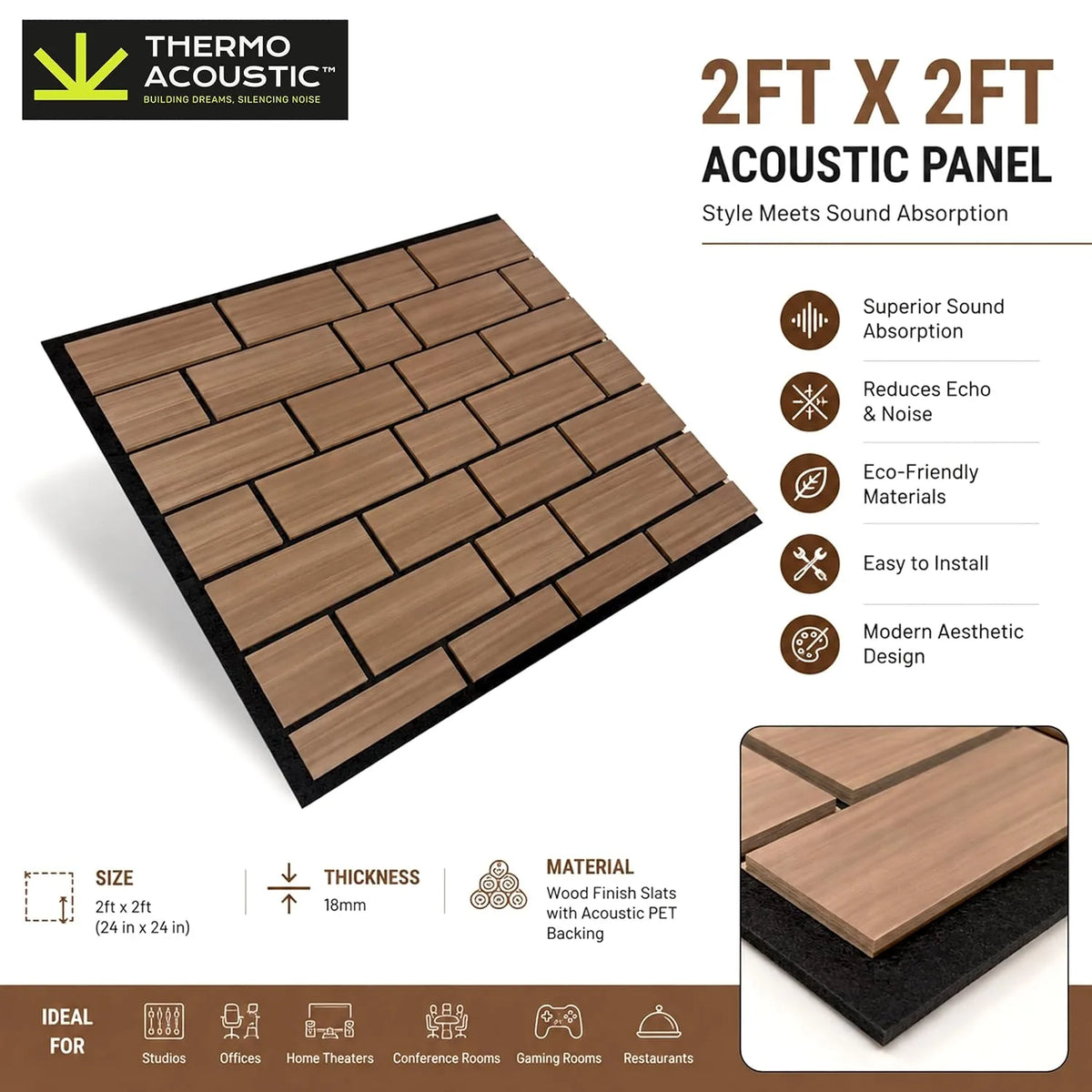 TAS® Fluted Acoustic Panels Sound | Brick Pattern Wooden Slat | Room Acoustics & Soundproofing | 2x2 Feet | 18mm Thickness (SET OF 4)