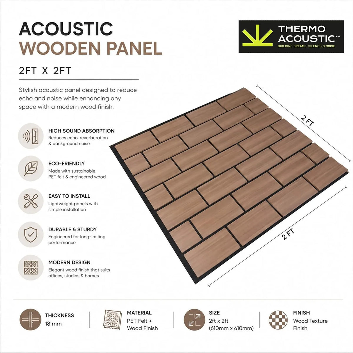 TAS® Fluted Acoustic Panels Sound | Brick Pattern Wooden Slat | Room Acoustics & Soundproofing | 2x2 Feet | 18mm Thickness (SET OF 4)
