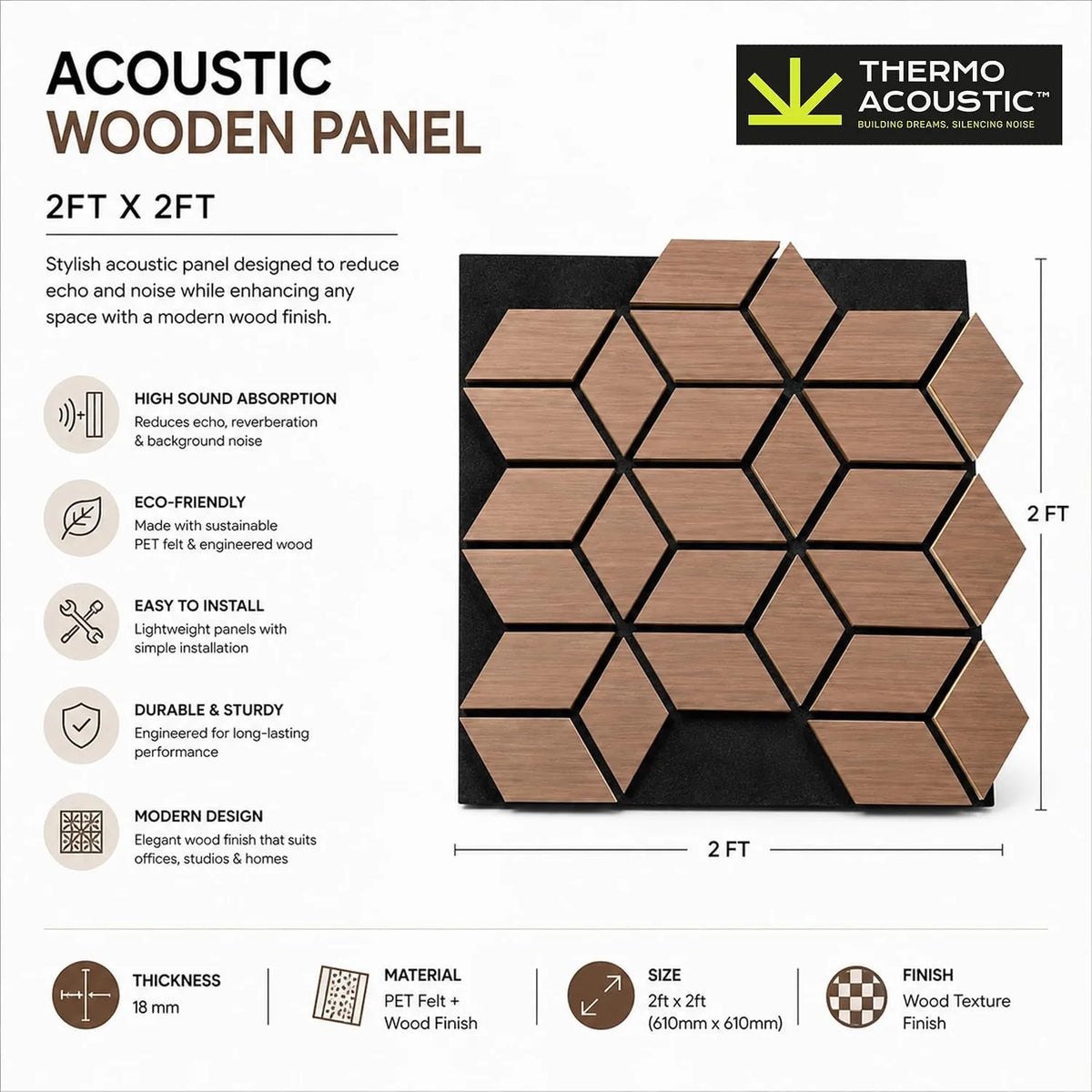 TAS® Fluted Acoustic Panels Sound | Diamond Pattern Wooden Slat | Room Acoustics & Soundproofing | 2x2 Feet | 18mm Thickness (SET OF 4)