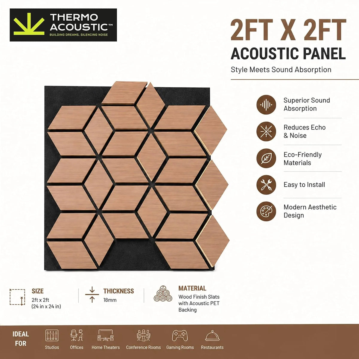 TAS® Fluted Acoustic Panels Sound | Diamond Pattern Wooden Slat | Room Acoustics & Soundproofing | 2x2 Feet | 18mm Thickness (SET OF 4)